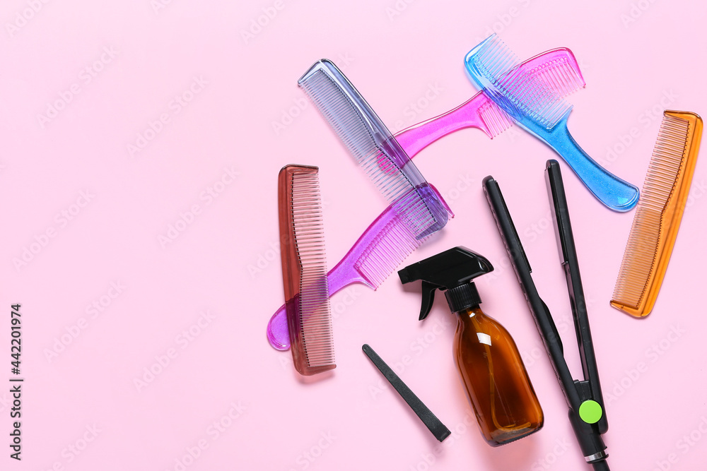 Set of hairdresser's tools on color background Set of hairdresser's tools on color background