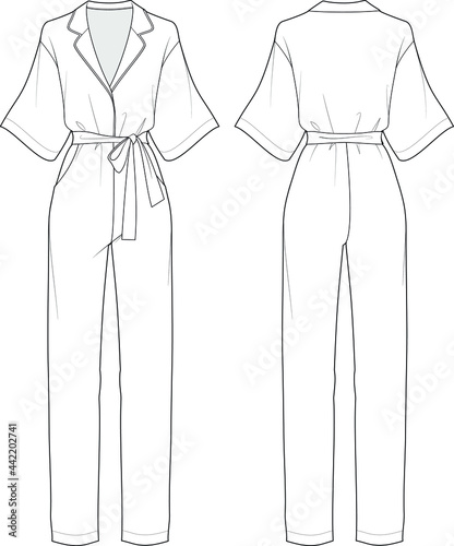 Pyjama Jumpsuit / Boiler suit. Drop-Shoulder, Kimono Sleeve and Self Belt Jumpsuit. technical fashion illustration. Flat apparel jumpsuit template front and back. mockup.  photo