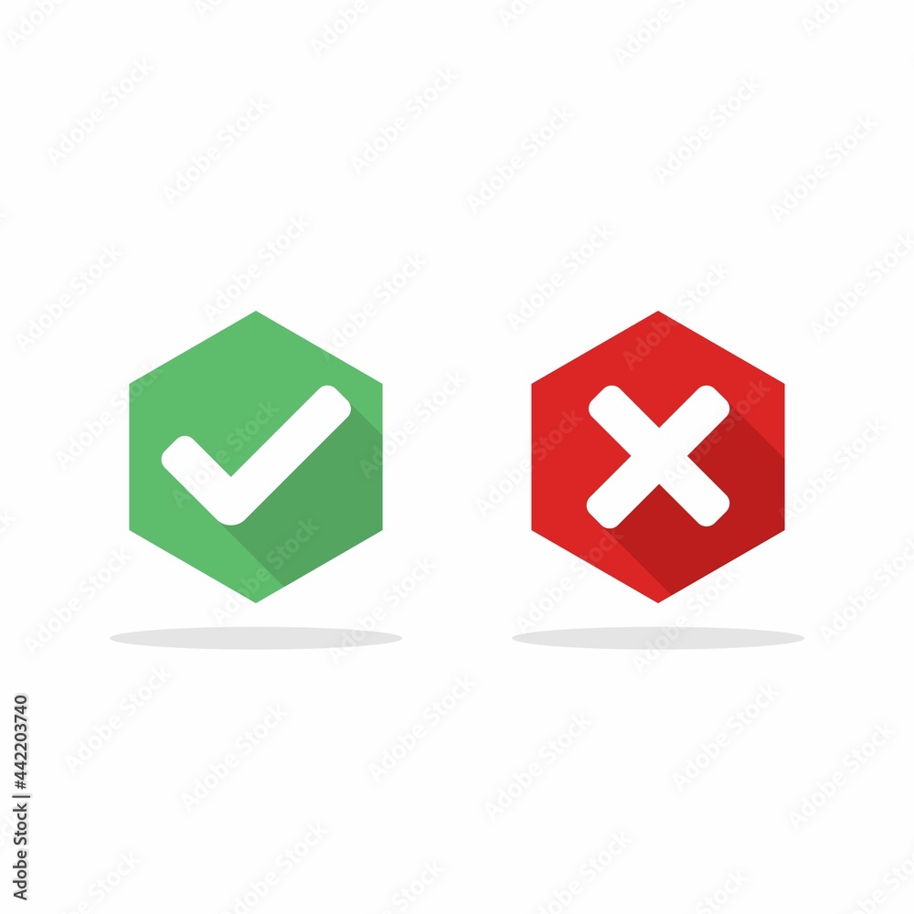 Check and wrong marks, Tick and cross marks, Accepted/Rejected, Approved/Disapproved, Yes/No, Right/Wrong, Green/Red, Correct/False, Ok/Not Ok - vector mark symbols in green and red. Isolated icon. Check and wrong marks, Tick and cross marks, Accepted/Rejected, Approved/Disapproved, Yes/No, Right/Wrong, Green/Red, Correct/False, Ok/Not Ok - vector mark symbols in green and red. Isolated icon.