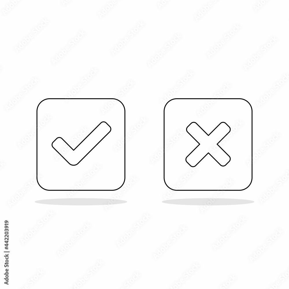 Check and wrong marks, Tick and cross marks, Accepted/Rejected, Approved/Disapproved, Yes/No, Right/Wrong, Green/Red, Correct/False, Ok/Not Ok - vector mark symbols. Black outline design. Isolated ico Check and wrong marks, Tick and cross marks, Accepted/Rejected, Approved/Disapproved, Yes/No, Right/Wrong, Green/Red, Correct/False, Ok/Not Ok - vector mark symbols. Black outline design. Isolated ico