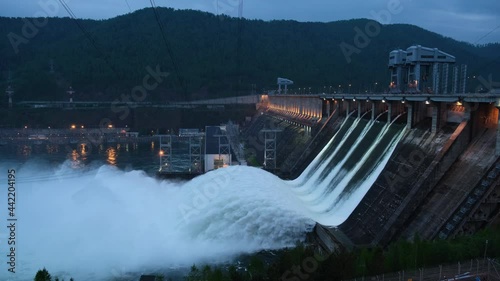 view of the hydroelectric dam, water discharge through locks