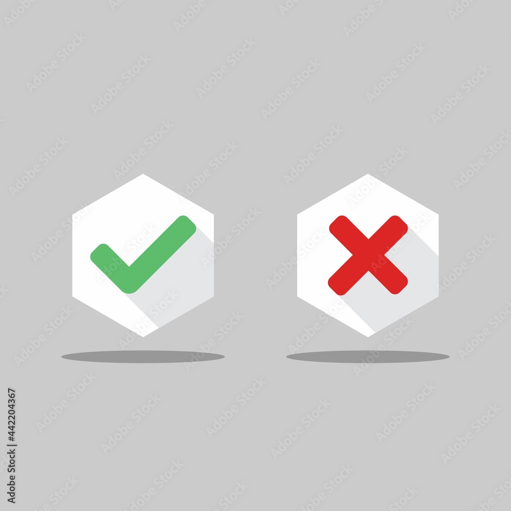 Fototapeta premium Check and wrong marks, Tick and cross marks, Accepted/Rejected, Approved/Disapproved, Yes/No, Right/Wrong, Green/Red, Correct/False, Ok/Not Ok - vector mark symbols in green and red. Isolated icon.