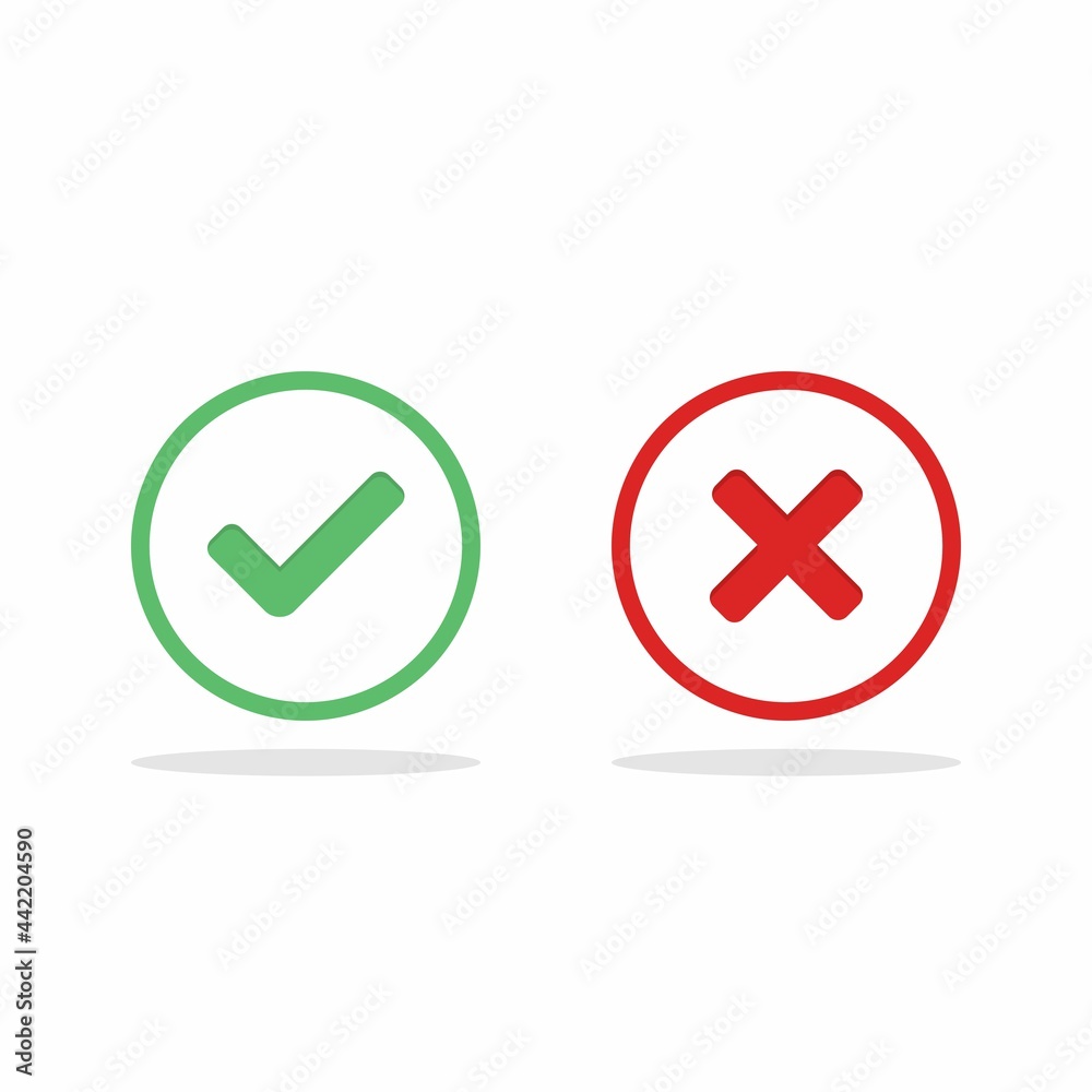 Check and wrong marks, Tick and cross marks, Accepted/Rejected, Approved/Disapproved, Yes/No, Right/Wrong, Green/Red, Correct/False, Ok/Not Ok - vector mark symbols in green and red. Isolated icon. Check and wrong marks, Tick and cross marks, Accepted/Rejected, Approved/Disapproved, Yes/No, Right/Wrong, Green/Red, Correct/False, Ok/Not Ok - vector mark symbols in green and red. Isolated icon.