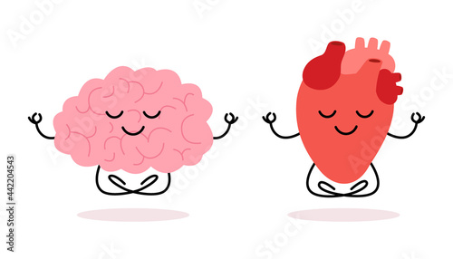 Happy healthy brain mind and heart character meditation yoga relax. Health brain mental organ and heart sit in lotus, keep calm. Vector flat illustration