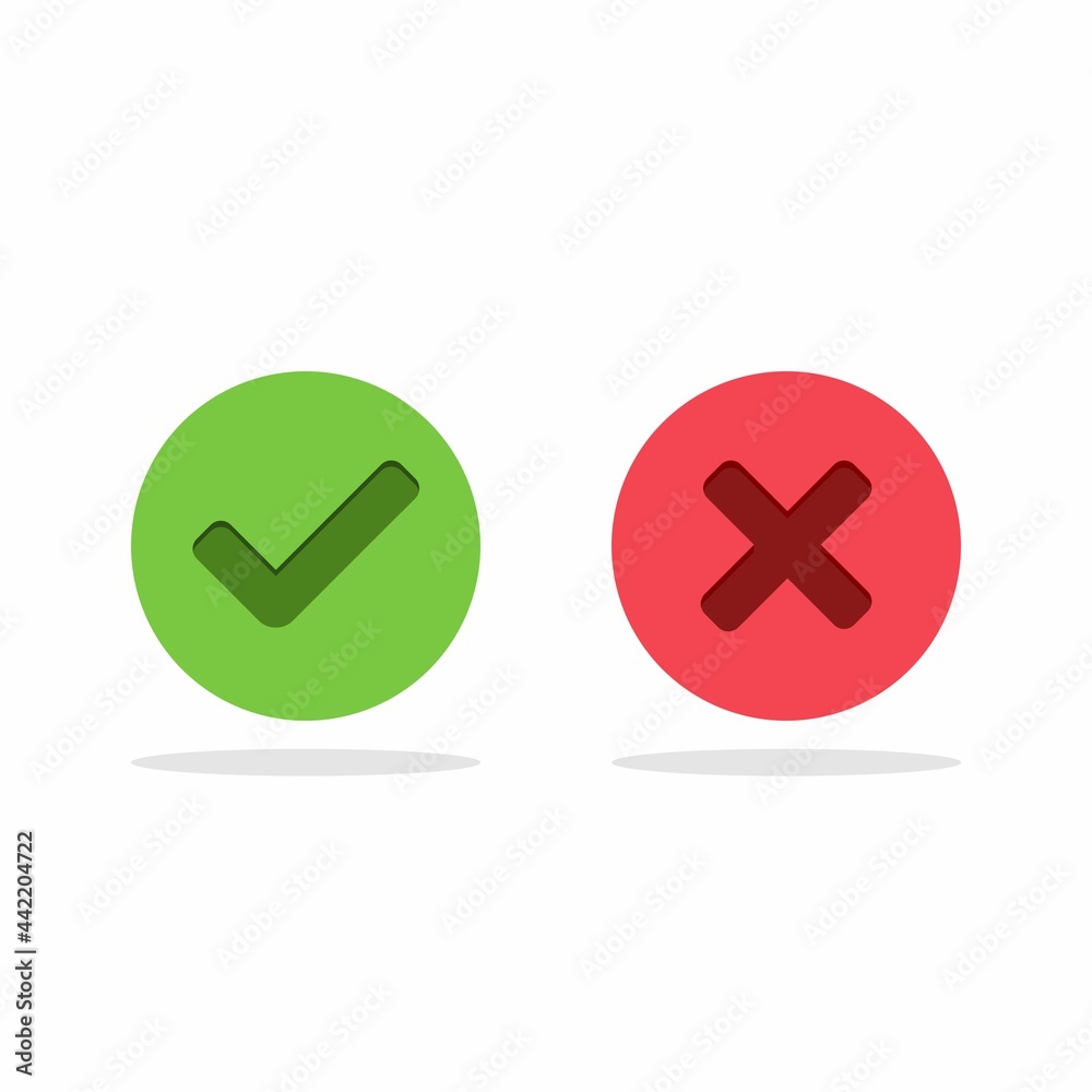 Check and wrong marks, Tick and cross marks, Accepted/Rejected, Approved/Disapproved, Yes/No, Right/Wrong, Green/Red, Correct/False, Ok/Not Ok - vector mark symbols in green and red. Isolated icon. Check and wrong marks, Tick and cross marks, Accepted/Rejected, Approved/Disapproved, Yes/No, Right/Wrong, Green/Red, Correct/False, Ok/Not Ok - vector mark symbols in green and red. Isolated icon.