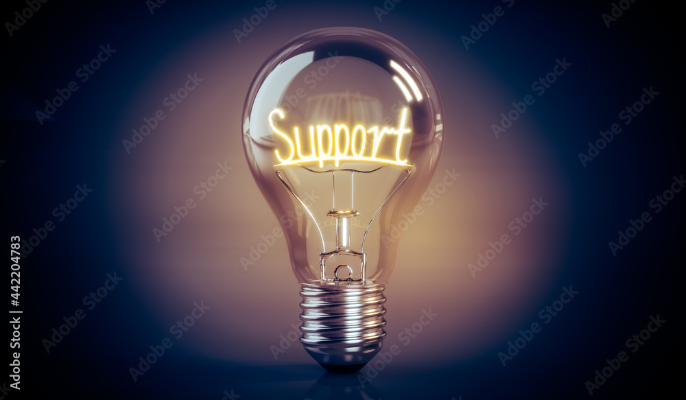 Support concept - shining light bulb - 3D illustration Support concept - shining light bulb - 3D illustration