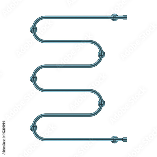 Vector illustration heated towel rail isolated on white background. Realistic metal coil pipe icon in flat cartoon style. Modern iron bathroom central heating radiator. Shiny towel rack for bathroom.