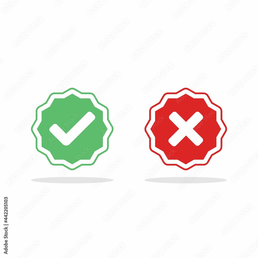 Check and wrong marks, Tick and cross marks, Accepted/Rejected, Approved/Disapproved, Yes/No, Right/Wrong, Green/Red, Correct/False, Ok/Not Ok - vector mark symbols in green and red. Isolated icon. Check and wrong marks, Tick and cross marks, Accepted/Rejected, Approved/Disapproved, Yes/No, Right/Wrong, Green/Red, Correct/False, Ok/Not Ok - vector mark symbols in green and red. Isolated icon.