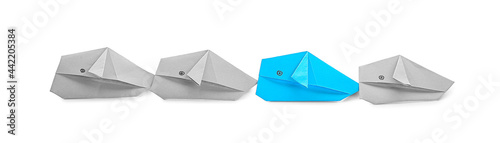 Origami whales on white background. Concept of uniqueness