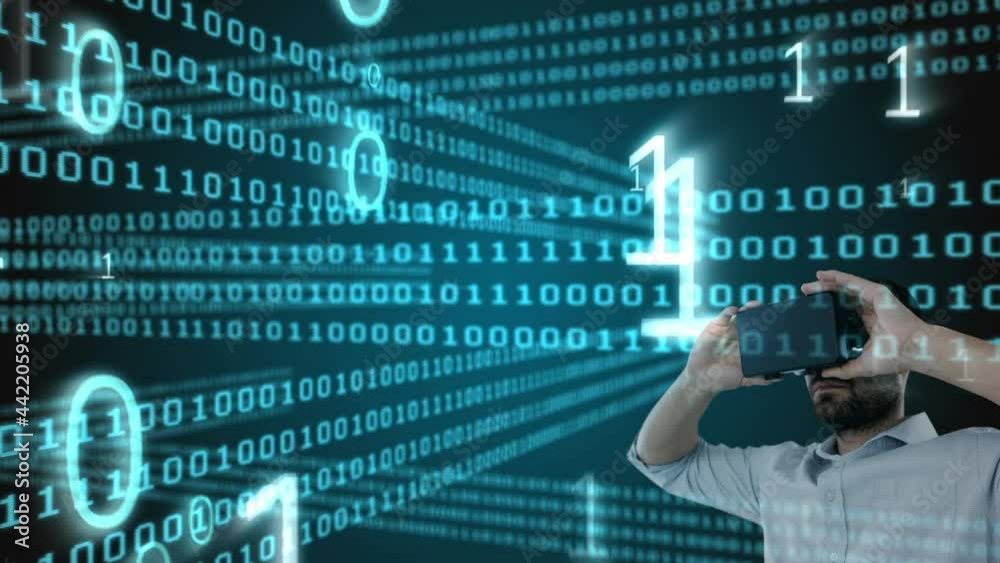Binary coding data processing over caucasian man wearing vr headset against black background