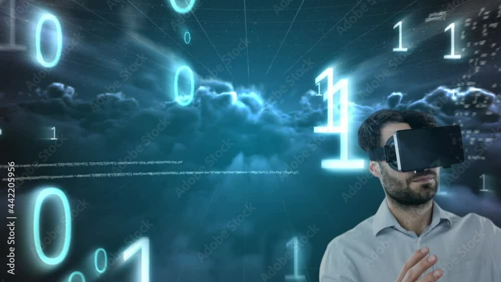Caucasian man wearing vr headset over binary coding and data processing against dark clouds Caucasian man wearing vr headset over binary coding and data processing against dark clouds