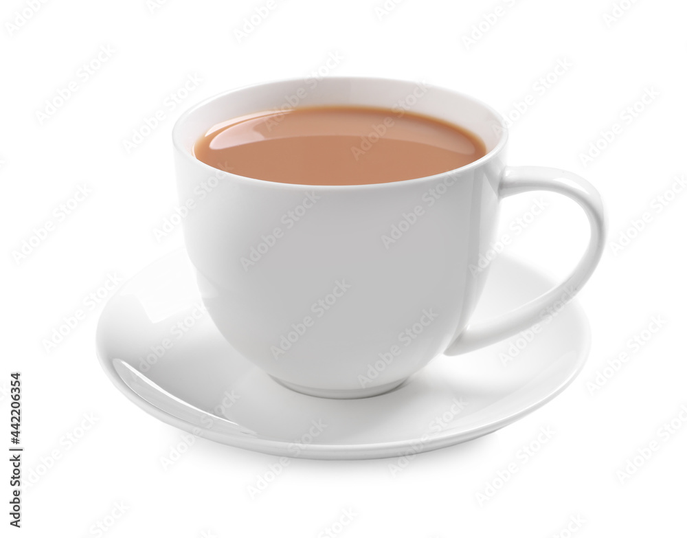 Delicious tea with milk on white background Delicious tea with milk on white background