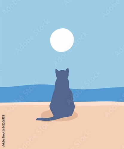 graphic illustration of minimalist cat in the beach with the moon