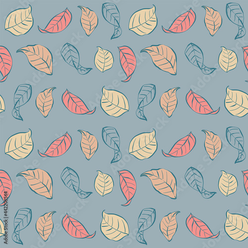Colorful Seamless Vector Pattern with Hand drawn leaves - for fabrics, clothing, holidays, packaging paper, decoration.