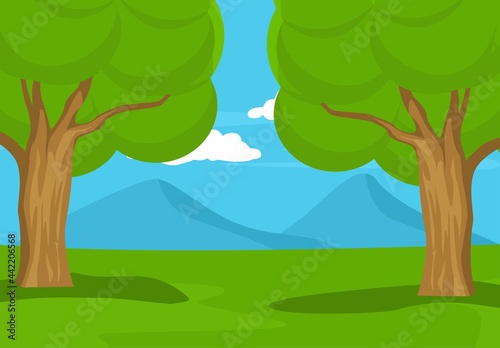 green forest illustration with tree and mountain landscape background