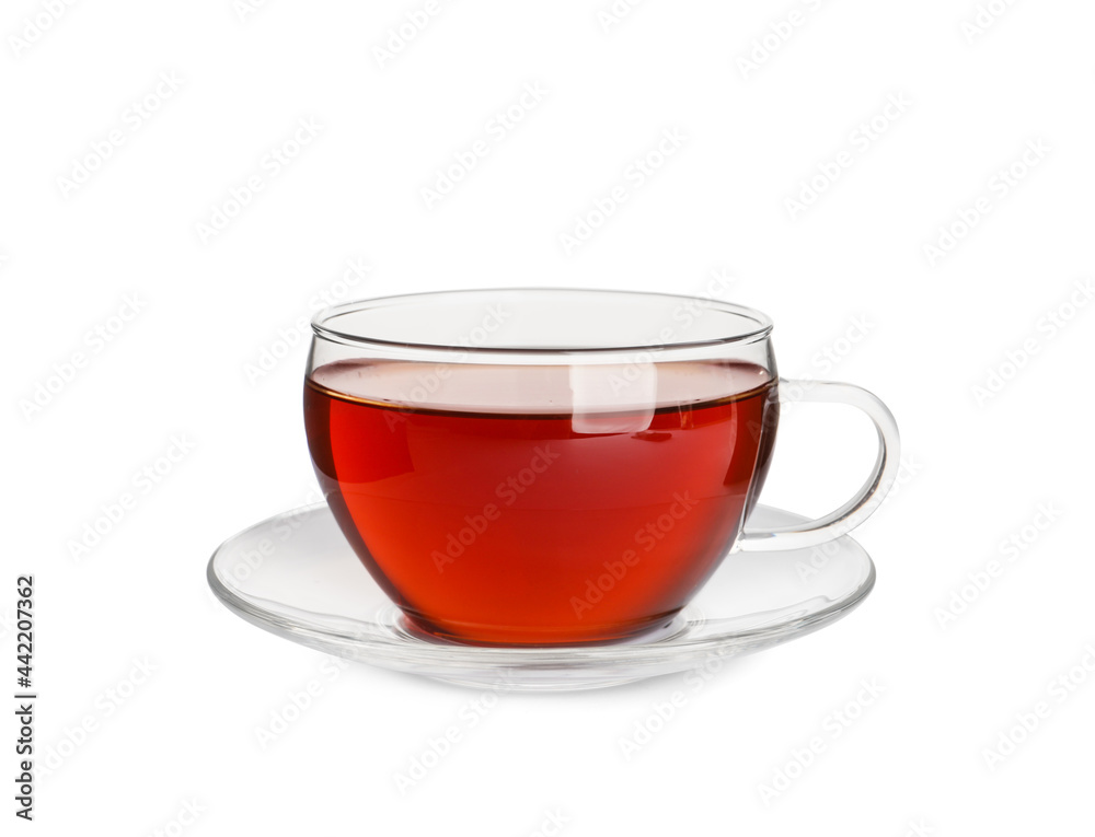 Glass cup of freshly brewed tea isolated on white Glass cup of freshly brewed tea isolated on white