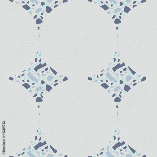 Ornament of Gray barely blue Circles and Rhombuses Terrazzo luxury Tiles. Vector seamless pattern. Geometric shape marble, stone, granite, glass on natural color background. Floor and wall design.