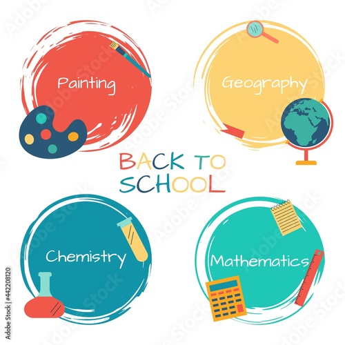 Back to school. Logos and stickers with the name of school lessons. Mathematics, chemistry, geography and drawing. Vector illustration