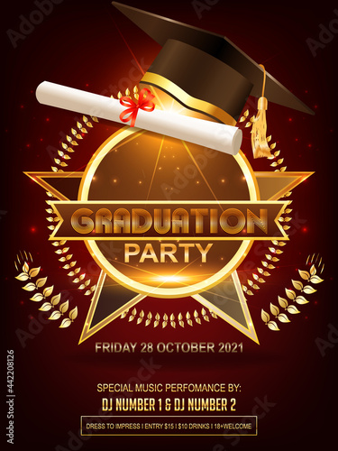 Graduation party . Prom celebration invitation poster, congratulation, greetings flyer with black degree cap, scroll. Vector diploma card education banner with golden star on red background