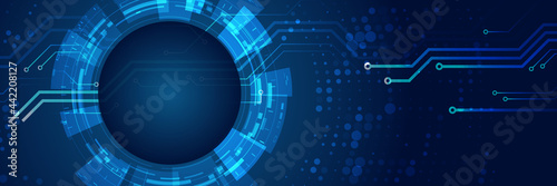 Hi-tech vector illustration with various technology elements. Wide Cyber security internet and networking concept. Abstract global sci fi concept. Digital internet communication on blue background