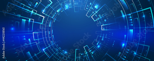 Hi-tech vector illustration with various technology elements. Wide Cyber security internet and networking concept. Abstract global sci fi concept. Digital internet communication on blue background