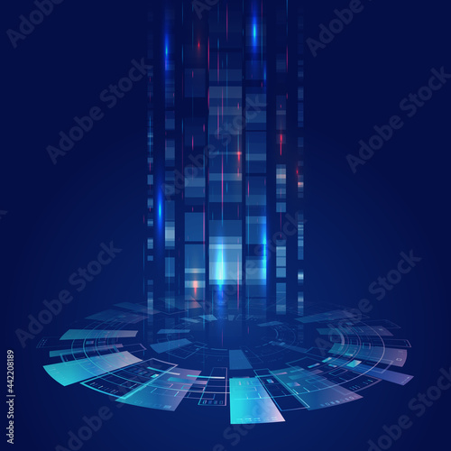 Fototapeta Naklejka Na Ścianę i Meble -  Wide perspective Blue background with various technological elements. Hi-tech computer digital technology concept. 3d Futuristic glowing circle.