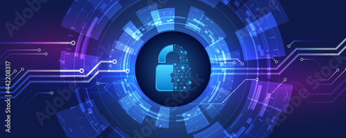 Protection from virus attack. Global antivirus secure system. Abstract blue background with various technology elements. Futuristic padlock vector illustration. Cyber attack protection.