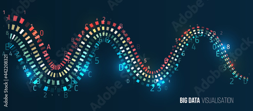 Sorting data. Vector Waves technology background. Abstract stream information with lines array and binary code. Filtering machine algorithms. Big data visualization. Information analytics concept.