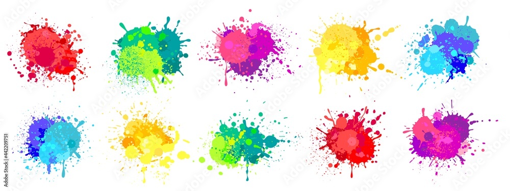Paint splatter. Colorful spray paints splashes, rainbow colored ink stains, drops, blot. Abstract grunge color painted stains vector set. Bright liquid inkblots mix isolated on white
