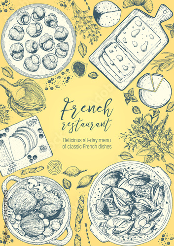 French cuisine top view frame. A set of classic French dishes with beef bourguignon, mussels, escargot, foie gras, cheese, artichoke . Food menu design template. Hand drawn sketch vector illustration.
