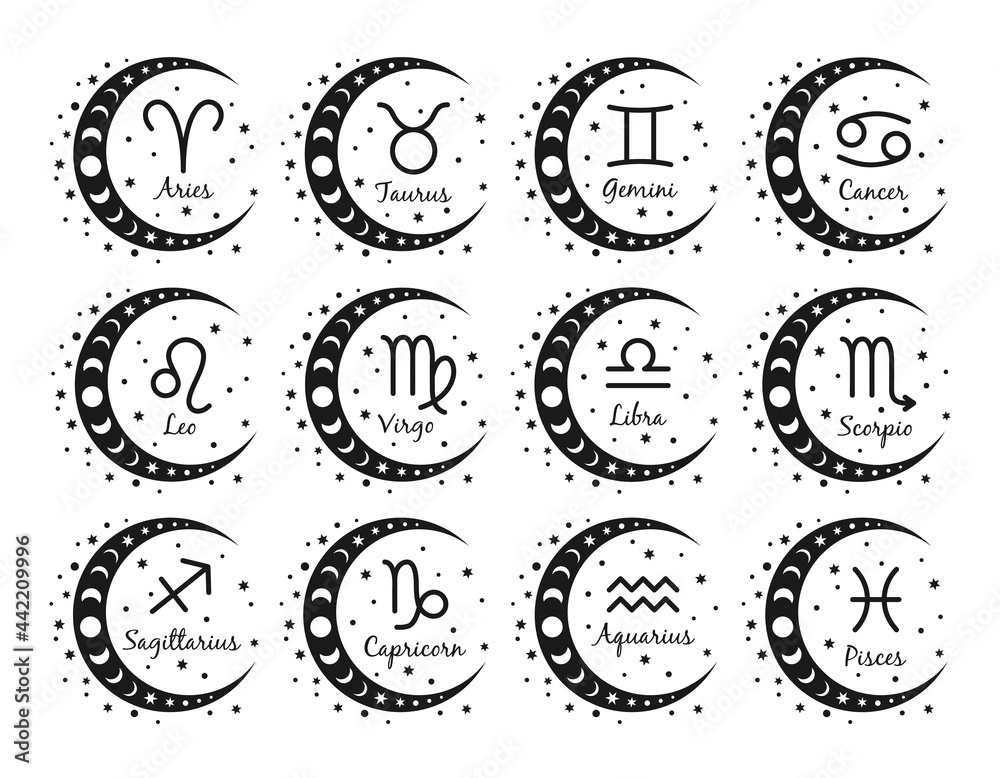 Set of 12 Zodiac signs with titles in wreath of moon and stars. The signs of Aries, Taurus, Gemini, Cancer, Leo, Virgo, Libra, Scorpio, Aquarius, Sagittarius, Capricorn, Pisces. Vector illustration Set of 12 Zodiac signs with titles in wreath of moon and stars. The signs of Aries, Taurus, Gemini, Cancer, Leo, Virgo, Libra, Scorpio, Aquarius, Sagittarius, Capricorn, Pisces. Vector illustration