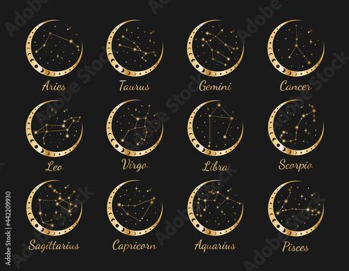 Set of 12 gold zodiac constellations with titles in wreath of moon and stars: Aries, Taurus, Gemini, Cancer, Leo, Virgo, Libra, Scorpio, Aquarius, Sagittarius, Capricorn, Pisces. Vector illustration