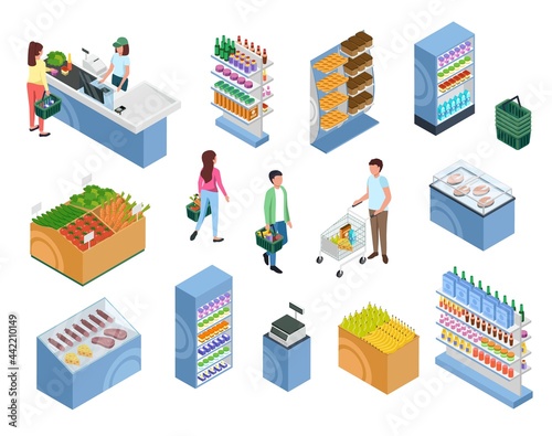 Isometric shopping people. Customers with baskets or trolley carts. Woman at supermarket checkout. Store furniture with products vector set. Shelves, counters and weighing machine in grocery shop