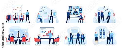 Business meeting. Office workers at video conference meeting. Businesspeople working together. Successful partnership, teamwork vector concept set. Online cooperation, company strategy