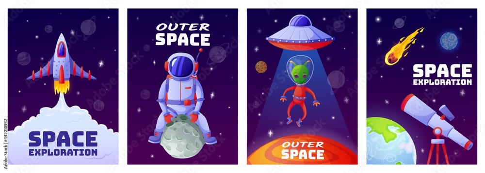 Cartoon space posters. Universe banners with astronaut, rocket, alien, ufo, planets, stars. Cartoon children cosmos poster vector template set. Outer space exploration, cosmonaut in spacesuit