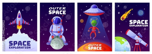 Cartoon space posters. Universe banners with astronaut, rocket, alien, ufo, planets, stars. Cartoon children cosmos poster vector template set. Outer space exploration, cosmonaut in spacesuit