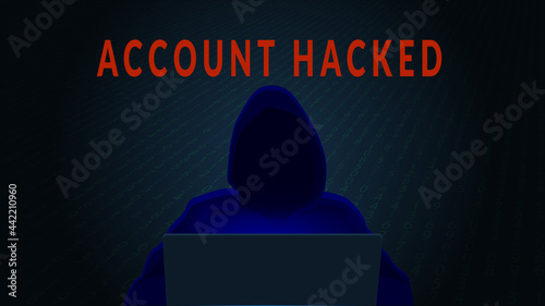 Account hacked concept with silhouette of hacker and computer on dark digital background. Horizontal vector illustration.