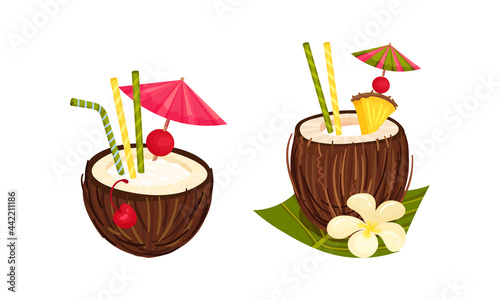 Exotic Cocktails with Straw and Umbrella Poured in Coconut Fruit Vector Set