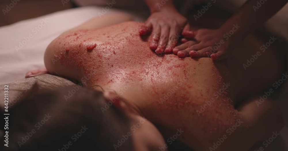 Professional massagist applying and rubbing pink organic scrub on back of woman. Natural luxury cosmetics used in bodycare wellness spa resort 4k footage Professional massagist applying and rubbing pink organic scrub on back of woman. Natural luxury cosmetics used in bodycare wellness spa resort 4k footage
