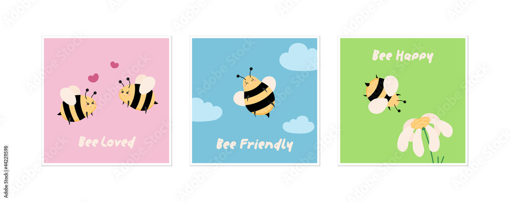 Set of Bee illustration cards. Collection of square card banner for celebration, gift or birthday with cute doodle bees. Love, friendship, happiness topics. Bee, beehive and couple in love vector.