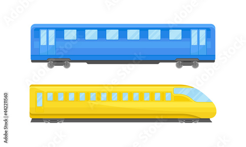 Railroad Car or Railway Wagon as Railroad Vehicle for Carrying Passengers Vector Set