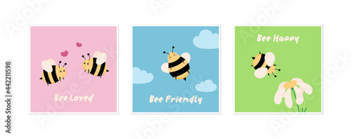 Set of Bee illustration cards. Collection of square card banner for celebration  gift or birthday with cute doodle bees. Love  friendship  happiness topics. Bee  beehive and couple in love vector.