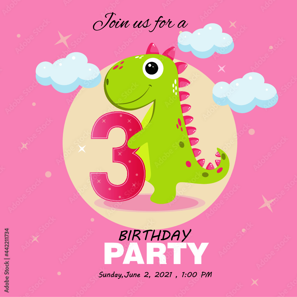 Obraz premium Cute baby girl dinosaur. Birthday invitation .