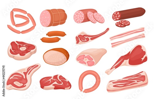 Cartoon meat products. Fresh pork sausages, raw steak, salami slices, ham, bacon, lamb leg. Barbecue product cooking ingredient vector set. Organic food for steakhouse menu, different parts