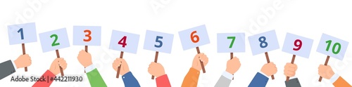Holding score signs. Hands hold scorecards with numbers. Judges committee with scoring cards. Contest vote, feedback vector concept. People with banners for one to ten, competition evaluation