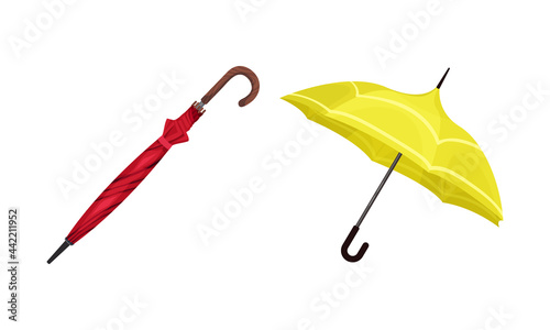 Open Umbrella as Waterproof Protective Accessory for Rainy Weather Vector Set photo