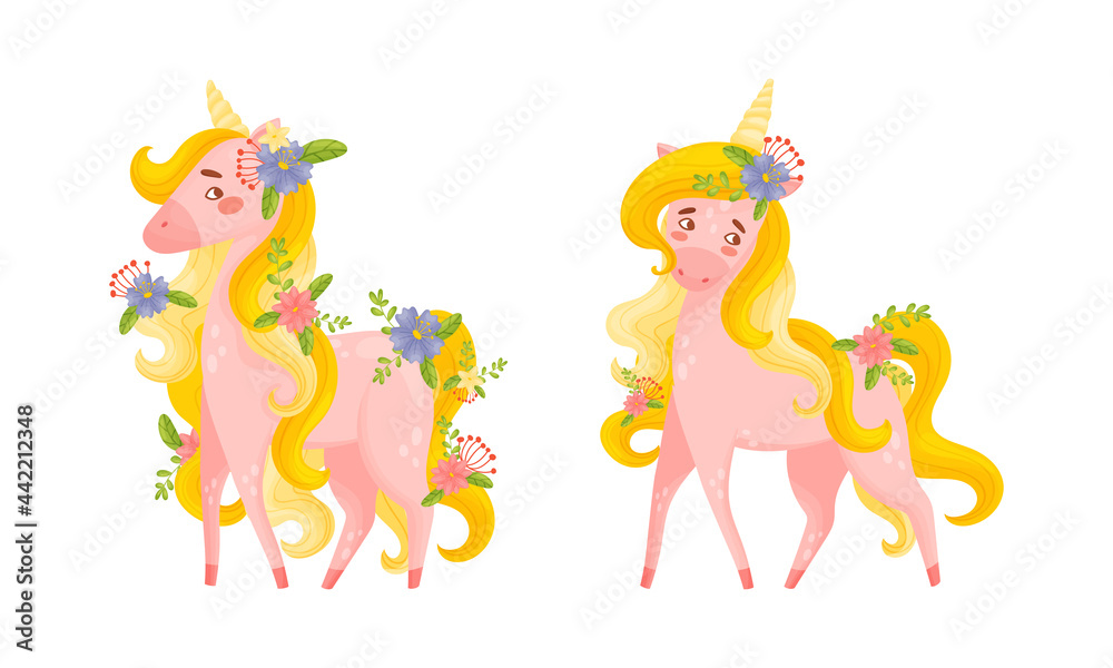 Pink Unicorn with Slender Legs and Golden Mane Vector Set Pink Unicorn with Slender Legs and Golden Mane Vector Set