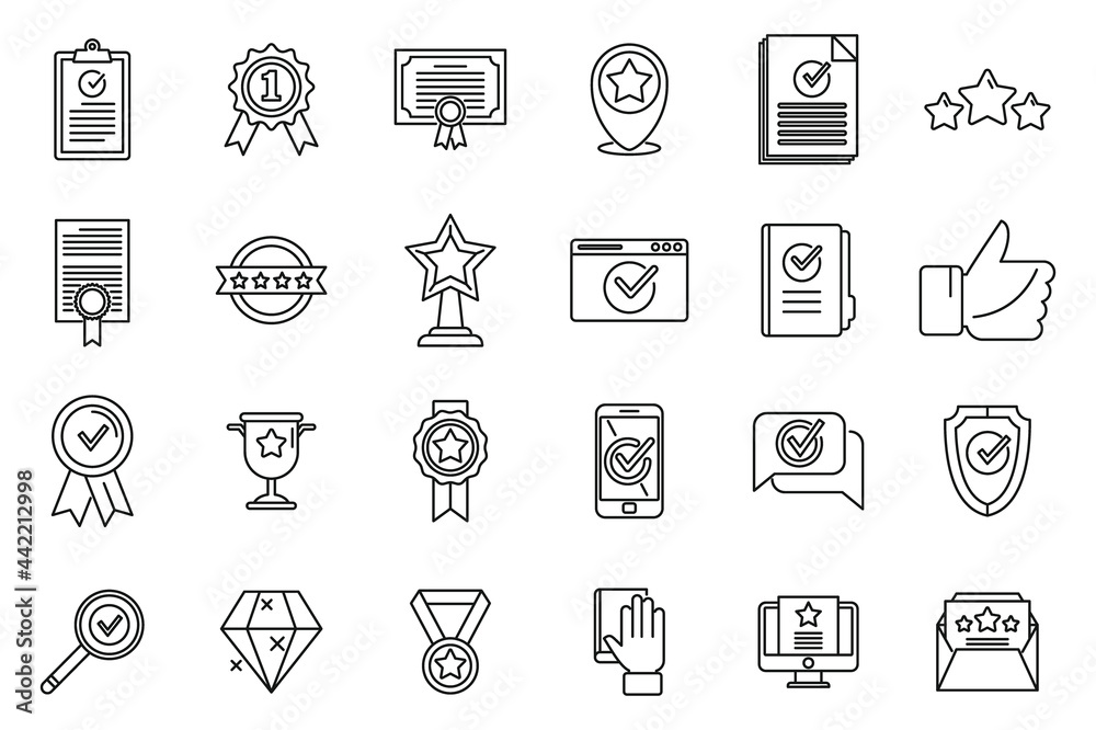 Quality assurance exam icons set outline vector. Certificate growth Quality assurance exam icons set outline vector. Certificate growth