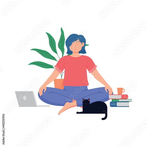Smiling girl sitting cross legged in her room or apartment, practicing yoga and enjoying meditation. Young woman with crossed legs and closed eyes meditating at home. Flat cartoon vector illustration