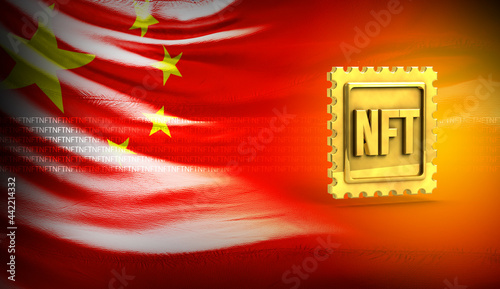 Photography 3d rendering illustration of NFT non fungible token for crypto art on China colorful flag background
